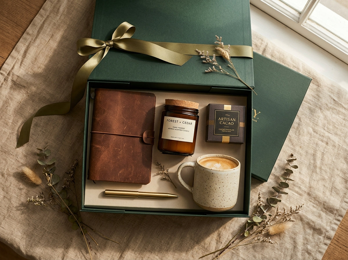 Casa Kalā Executive Leather Journal, Cedar Candle and Brass Pen Hamper
